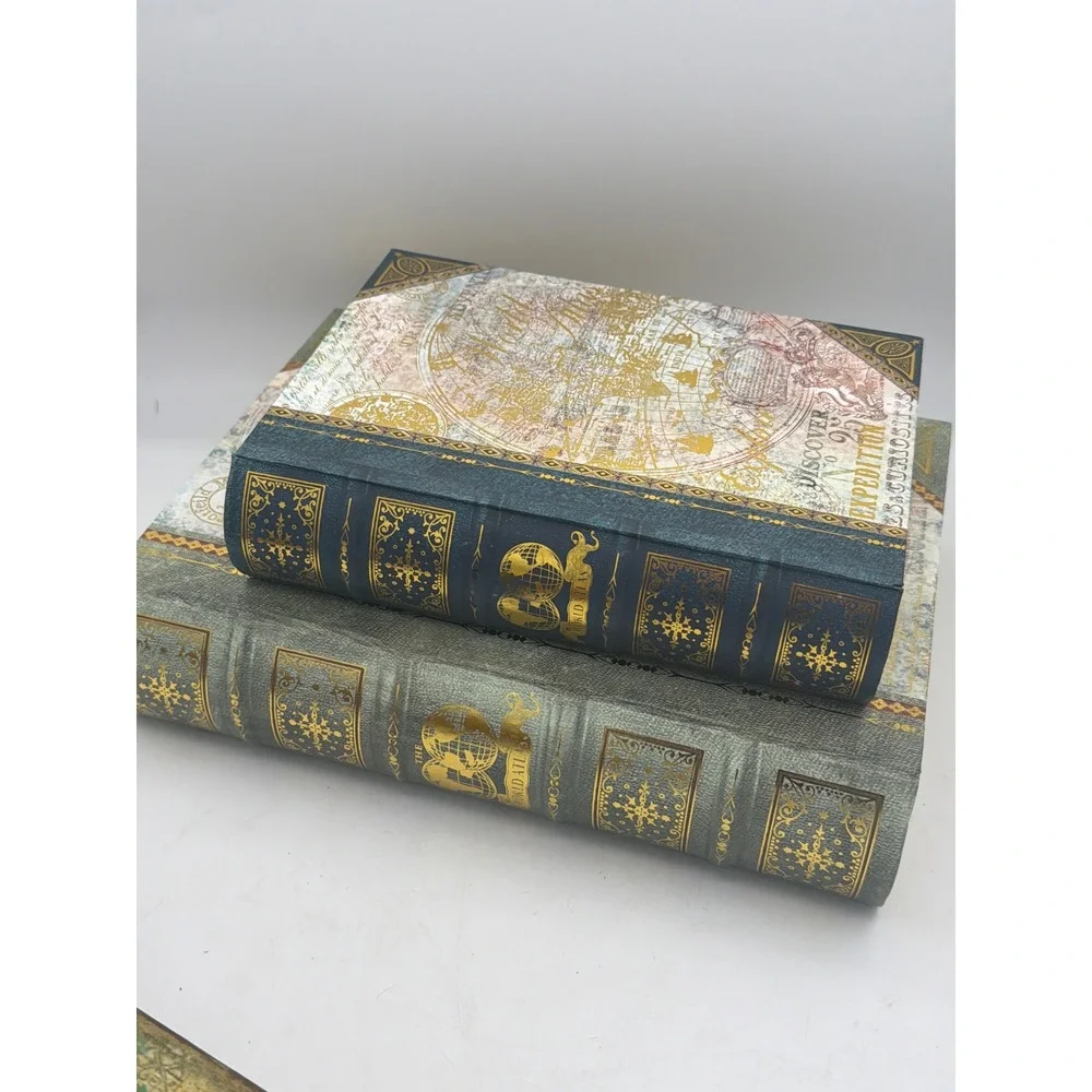 Set of 2 Faux Book Storage Boxes Vintage World Map Decorative Secret Stash Books